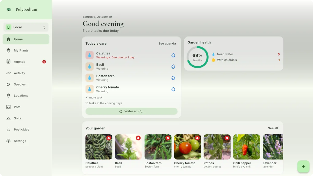 Polypodium on a computer: a sidebar with the app's sections and the home screen with today's care, garden health and plant photos