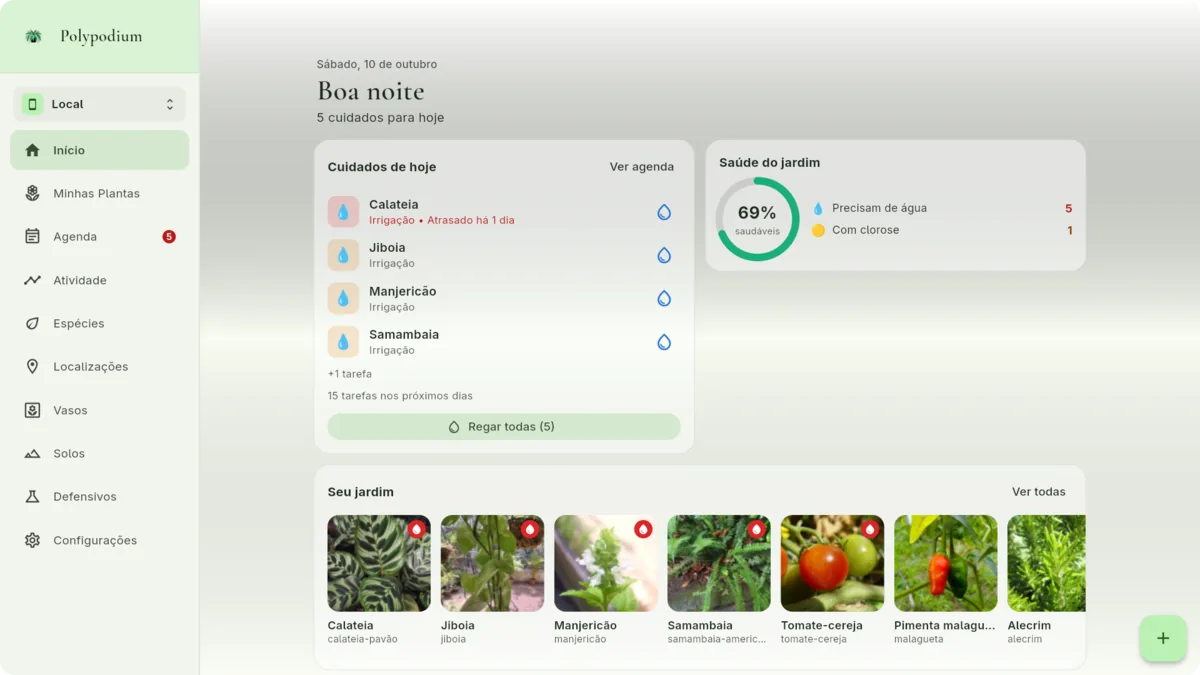 Polypodium no computador: barra lateral com as seções do app e o painel inicial com os cuidados de hoje, a saúde do jardim e as fotos das plantas