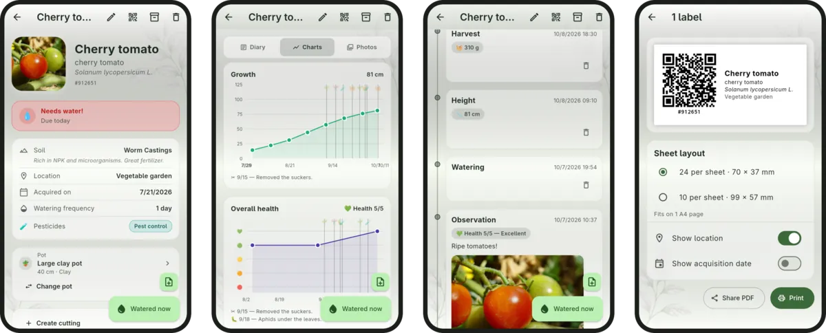 Four Polypodium phone screens: the cherry tomato's page, growth and health charts, a journal with a harvest and a photo, and a QR code label
